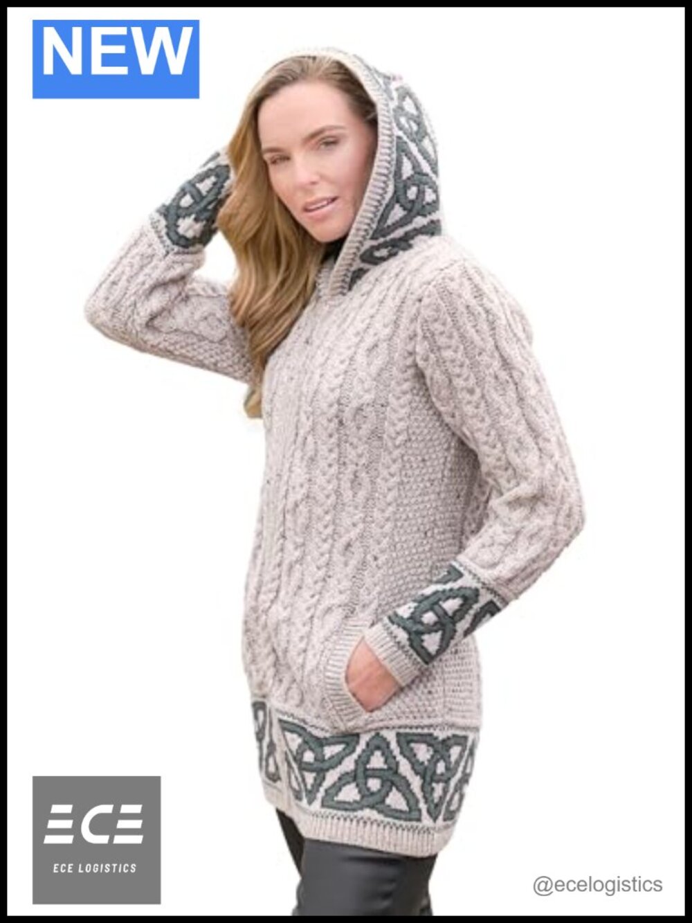 100% Merino Wool Celtic Jacquard Hooded Coat